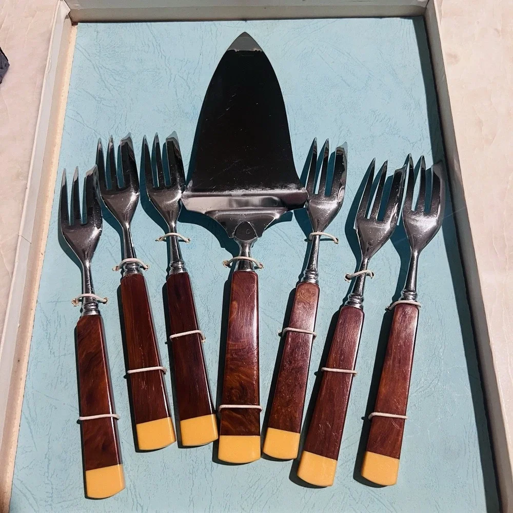 Vintage German Bakelite Cake Forks Server Set 7pc CHROM Art Deco Boxed